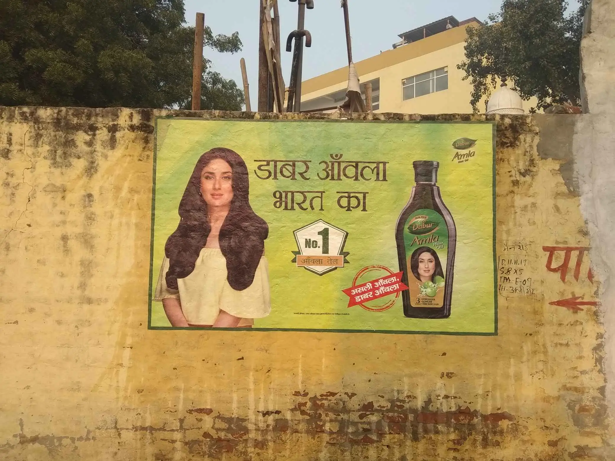 Dabur Amla hair oil wall painting ad in Hindi on a rural wall